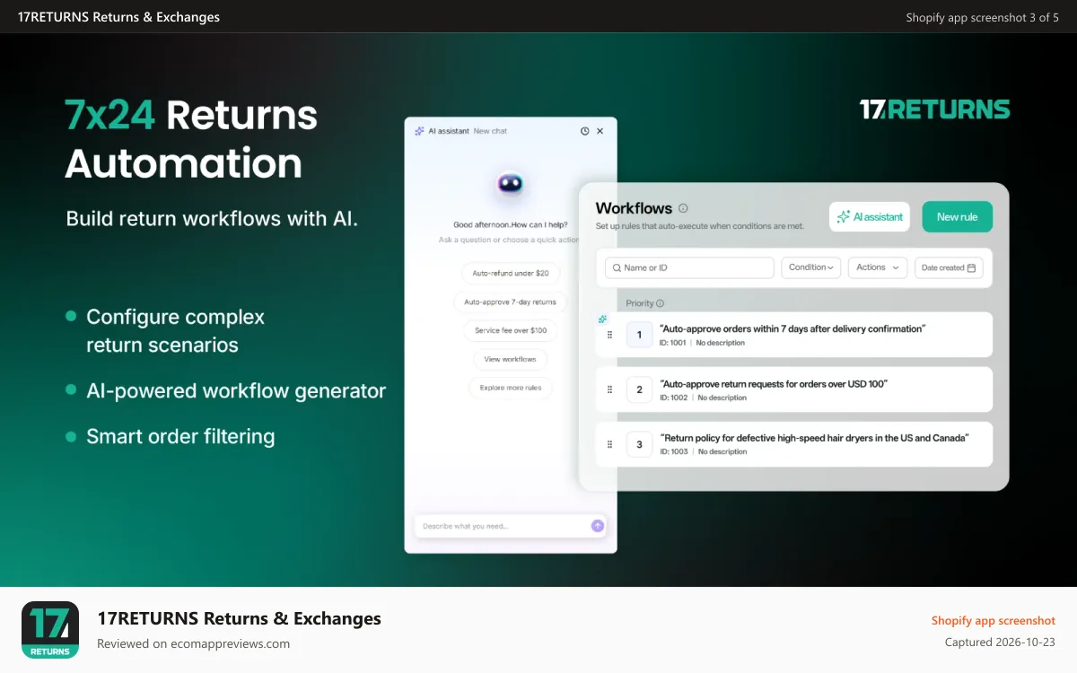 17RETURNS Returns & Exchanges Shopify app screenshot: 7x24 Returns Automation
