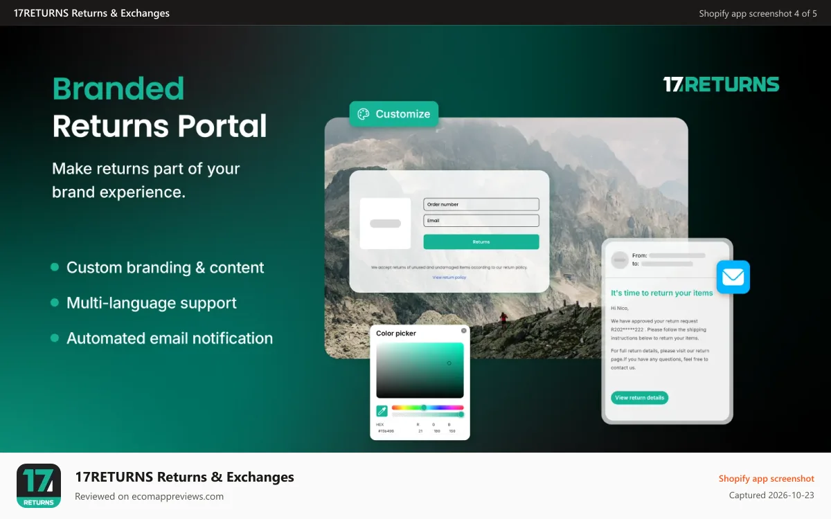 17RETURNS Returns & Exchanges Shopify app screenshot: Branded Returns Portal