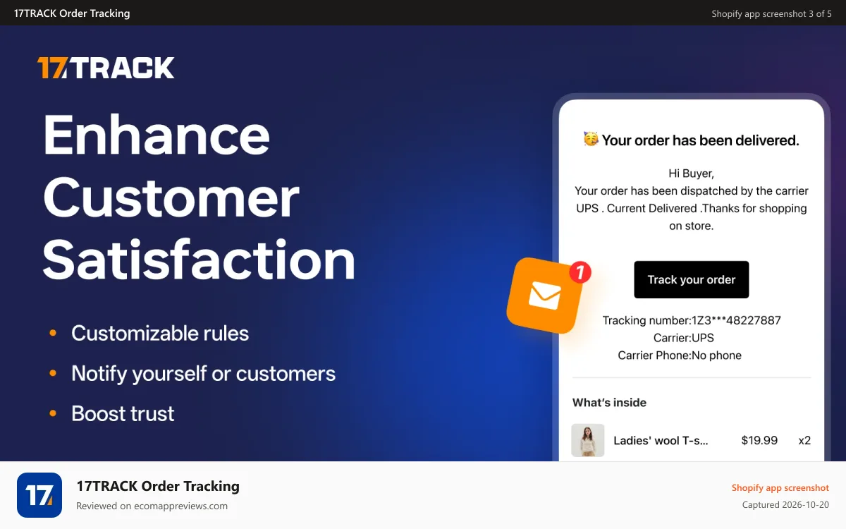 17TRACK Order Tracking Shopify app screenshot: Enhance customer statisfaction
