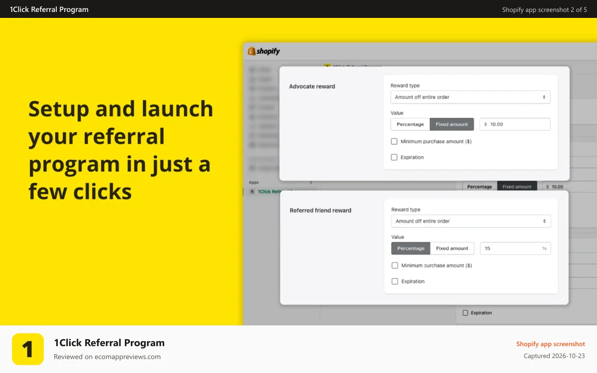 1Click Referral Program Shopify app screenshot: Setup and launch your referral program in just a few clicks