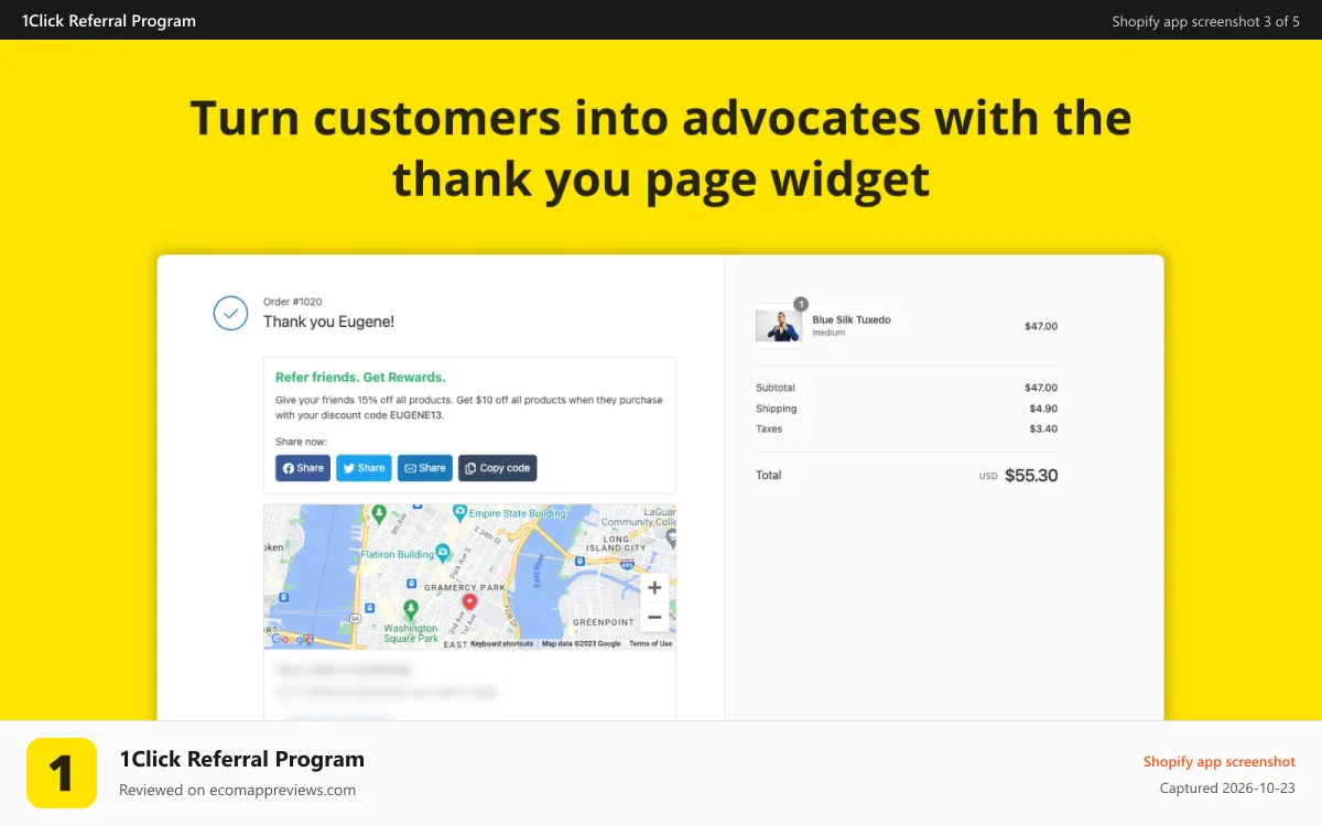 1Click Referral Program Shopify app screenshot: Turn customers into advocates with the thank you page widget