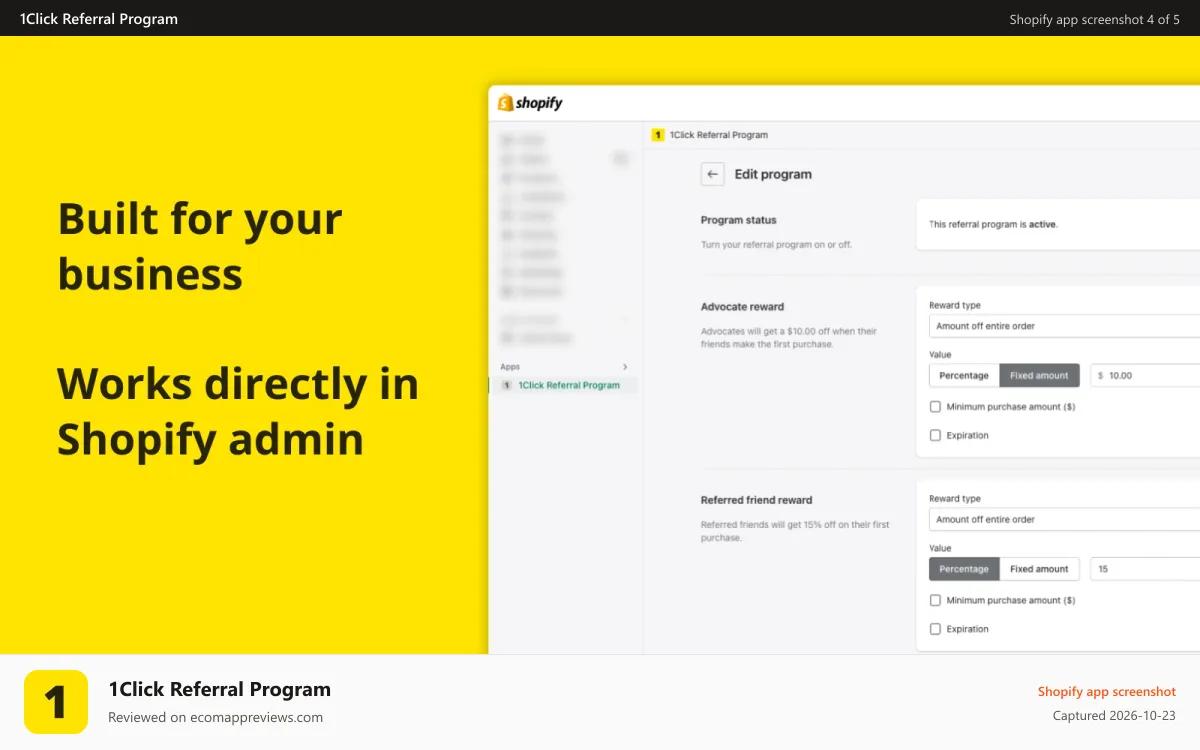 1Click Referral Program Shopify app screenshot: Built for your business. Works directly in Shopify admin