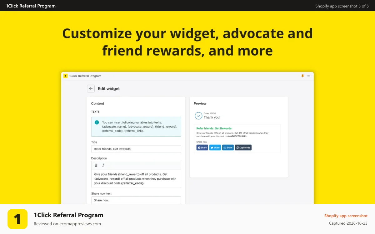 1Click Referral Program Shopify app screenshot: Customize your widget, advocate and friend rewards, and more