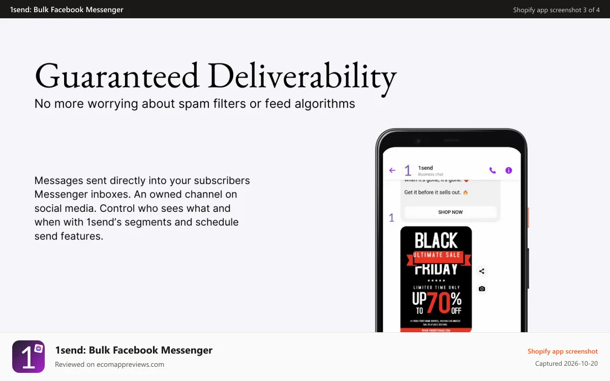 1send: Bulk Facebook Messenger Shopify app screenshot: Guaranteed Deliverability. No worrying about spam/algorithms