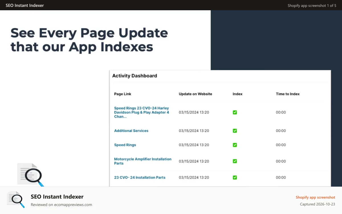 SEO Instant Indexer Shopify app screenshot: Individual listing of all webpages that have been auto-indexed
