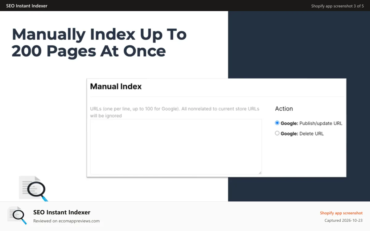 SEO Instant Indexer Shopify app screenshot: Select which website updates will be sent to Google