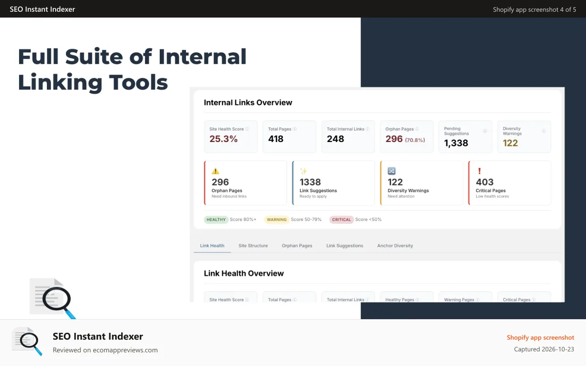 SEO Instant Indexer Shopify app screenshot: Full suite of internal linking tools