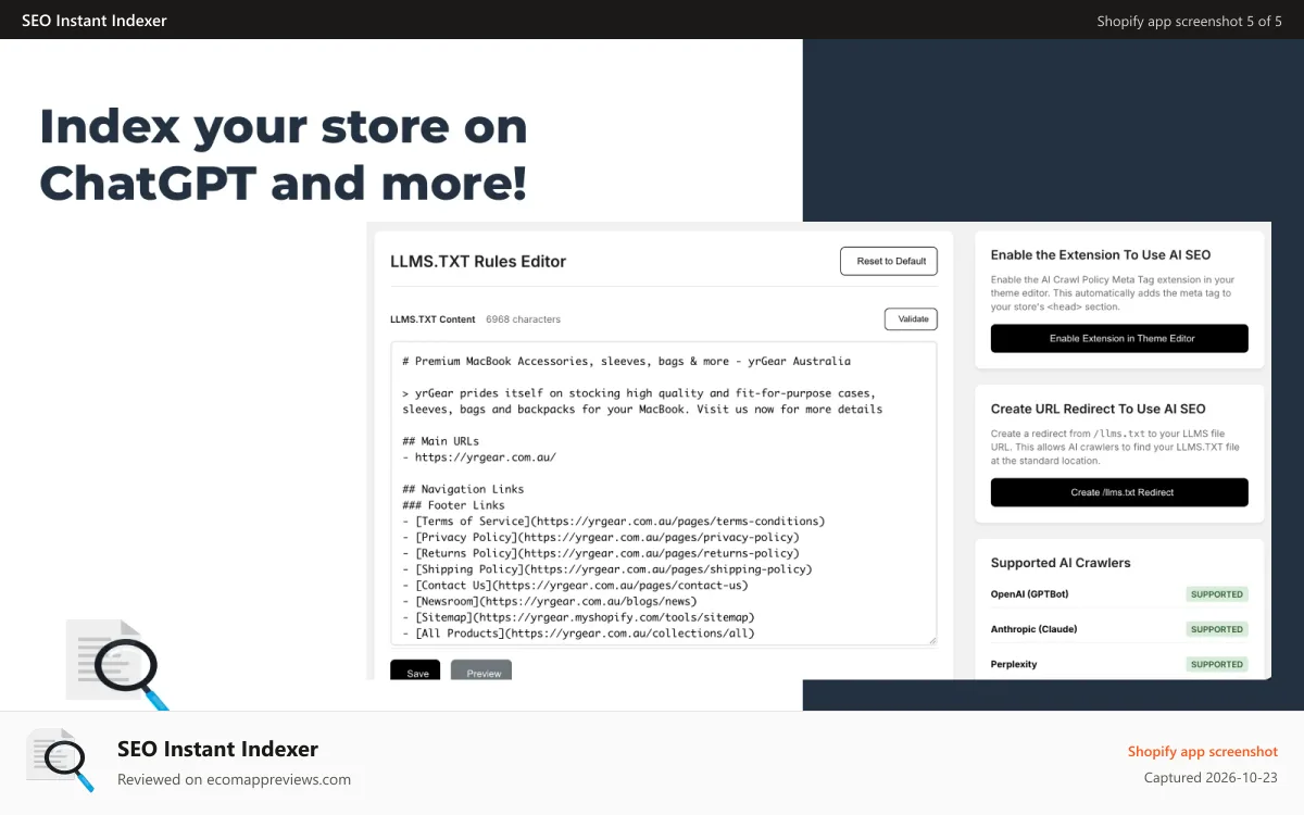 SEO Instant Indexer Shopify app screenshot: Index your store on ChatGPT and more!