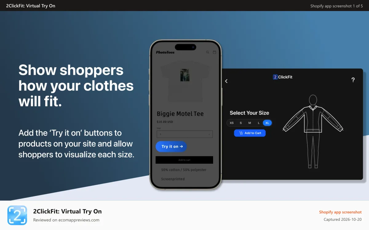 2ClickFit: Virtual Try On Shopify app screenshot: Show shoppers how your clothes will fit.