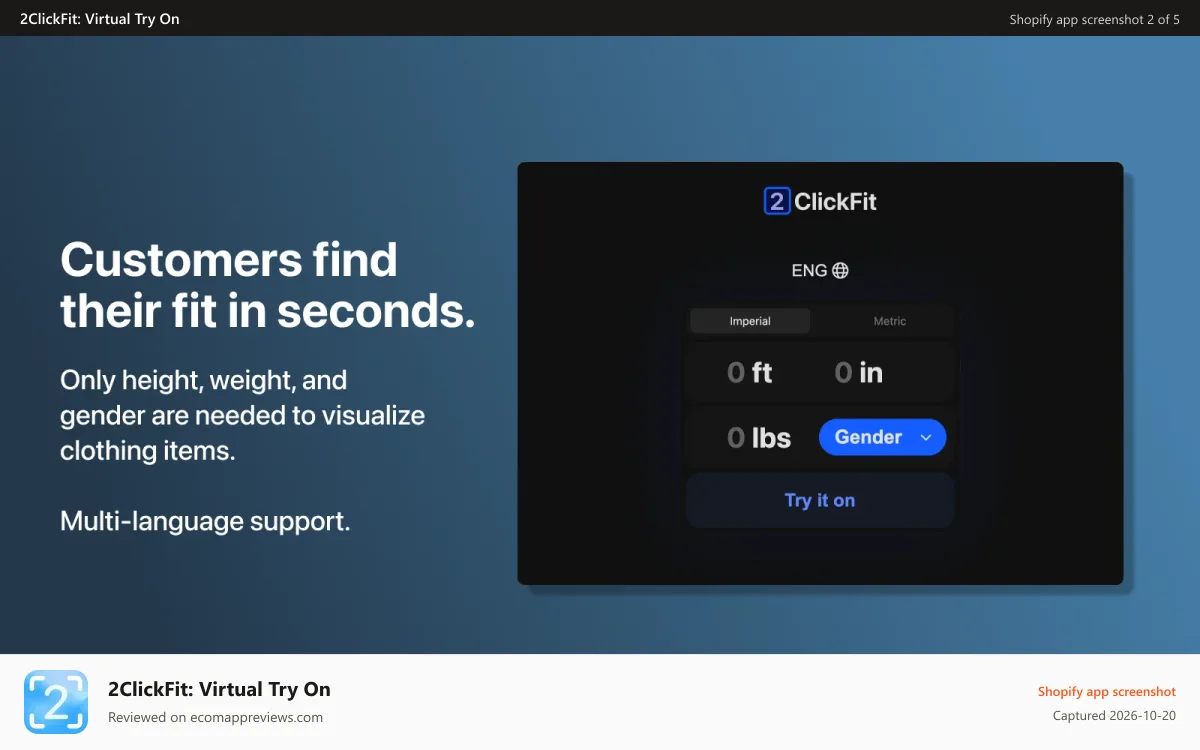 2ClickFit: Virtual Try On Shopify app screenshot: Customers find their fit in seconds.