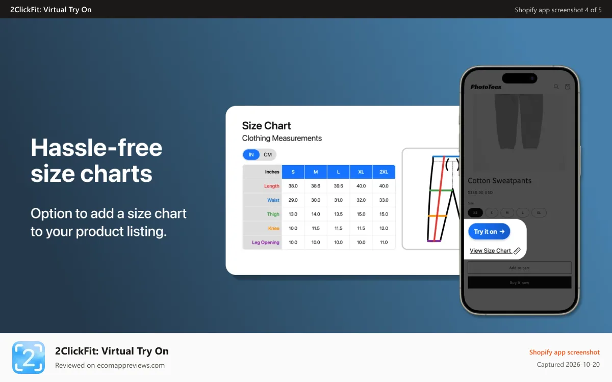 2ClickFit: Virtual Try On Shopify app screenshot: Hassle-free size charts.