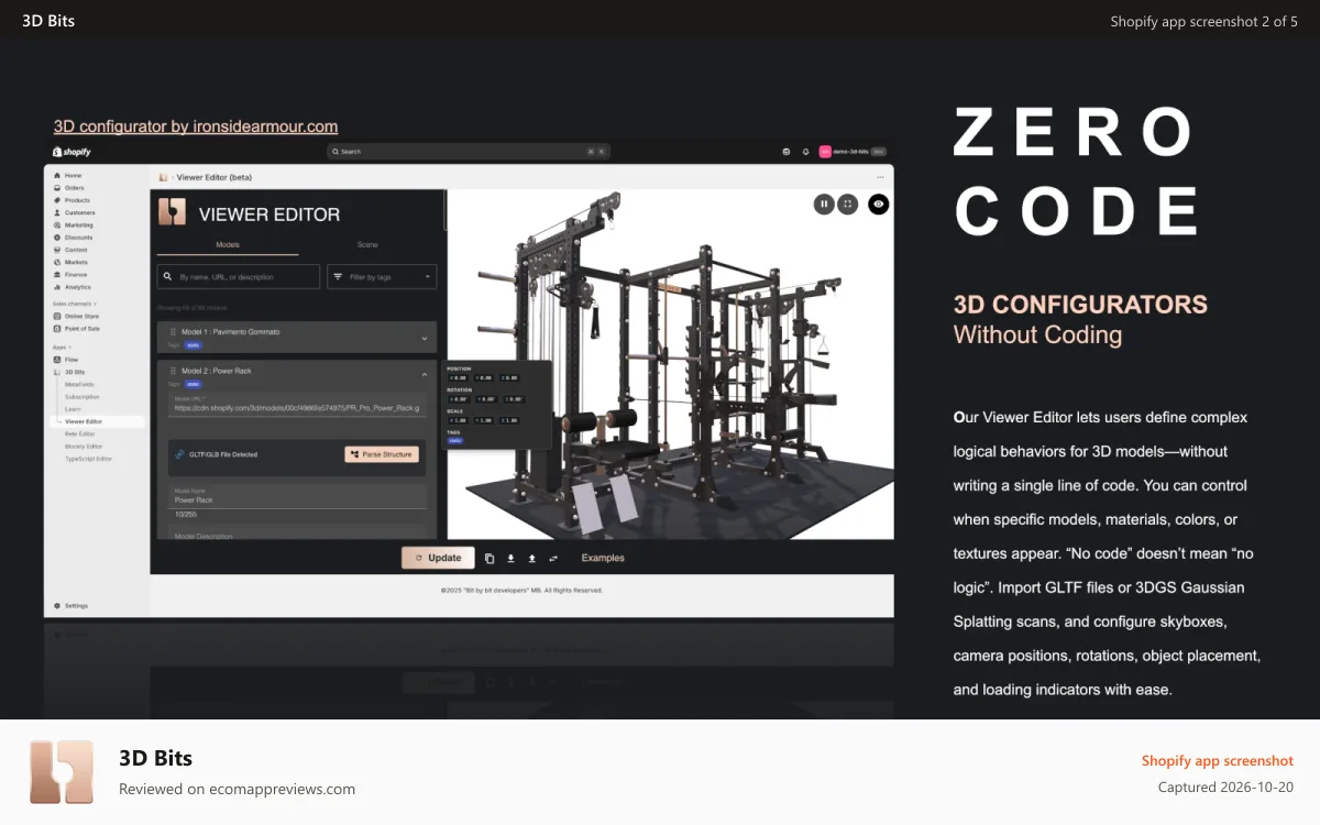 3D Bits Shopify app screenshot: No Code 3D Configurators