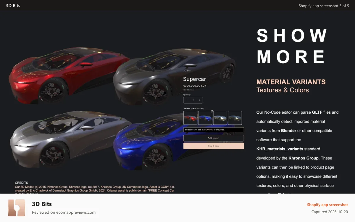 3D Bits Shopify app screenshot: Use material variants to change textures and colors