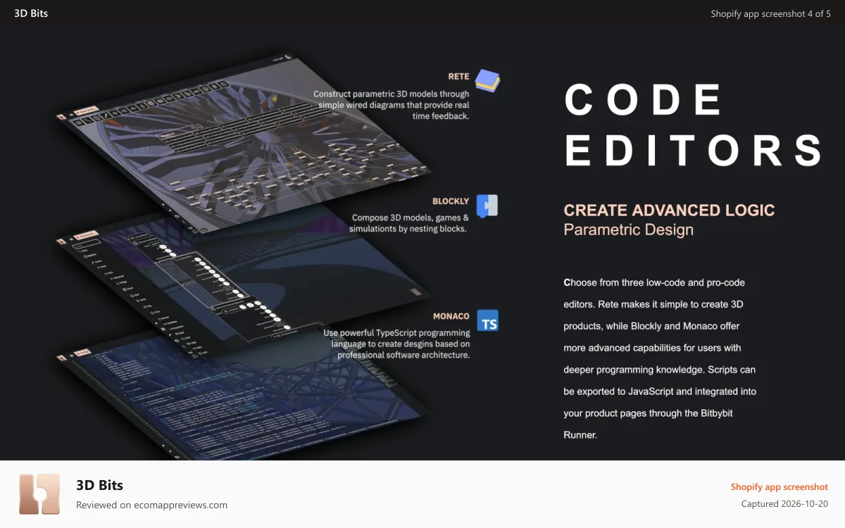 3D Bits Shopify app screenshot: Low-code and pro-code scripting help in more complex situations