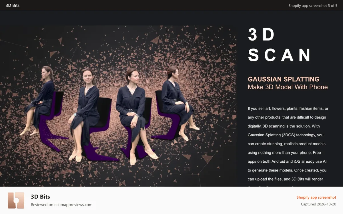 3D Bits Shopify app screenshot: 3D scan your products with mobile phones and Gaussian Splatting