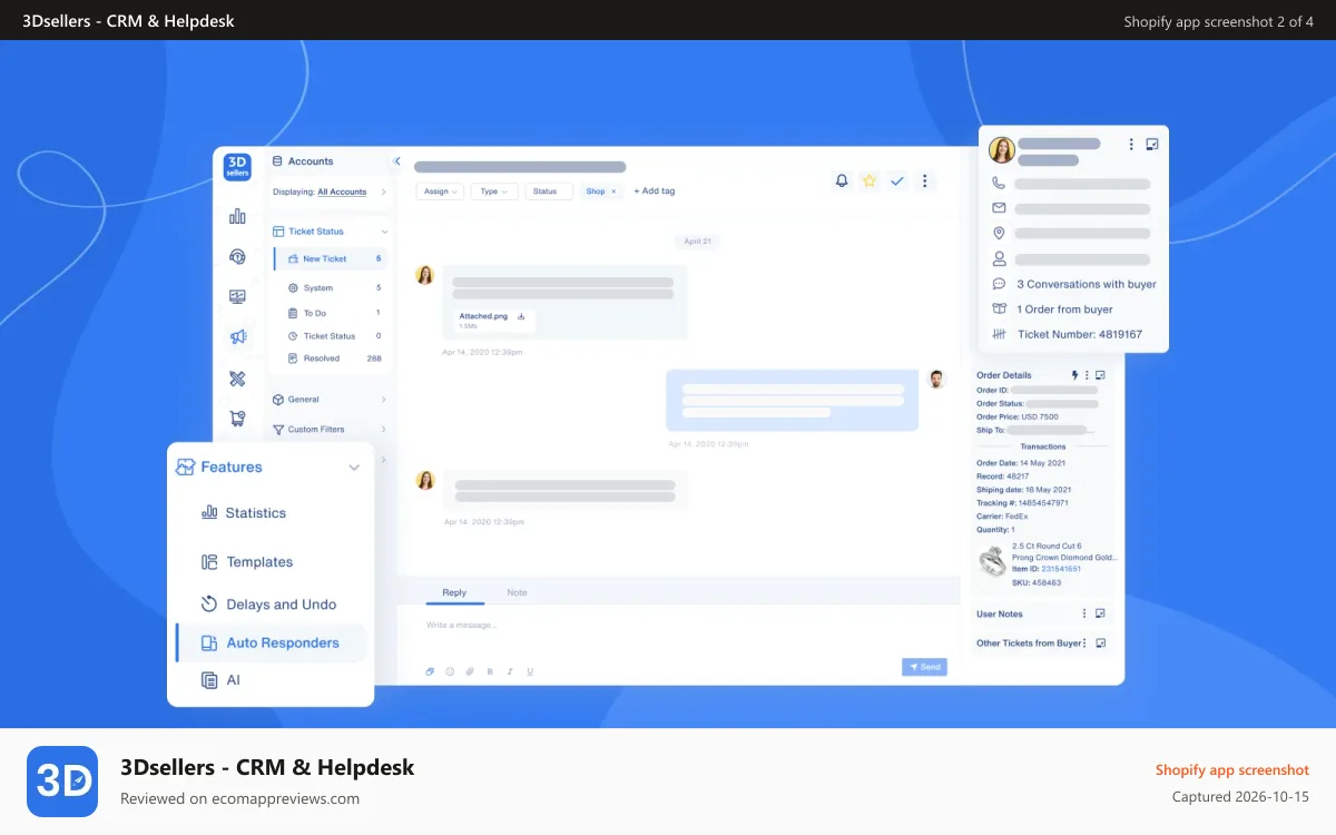 3Dsellers ‑ CRM & Helpdesk Shopify app screenshot: Multichannel Helpdesk