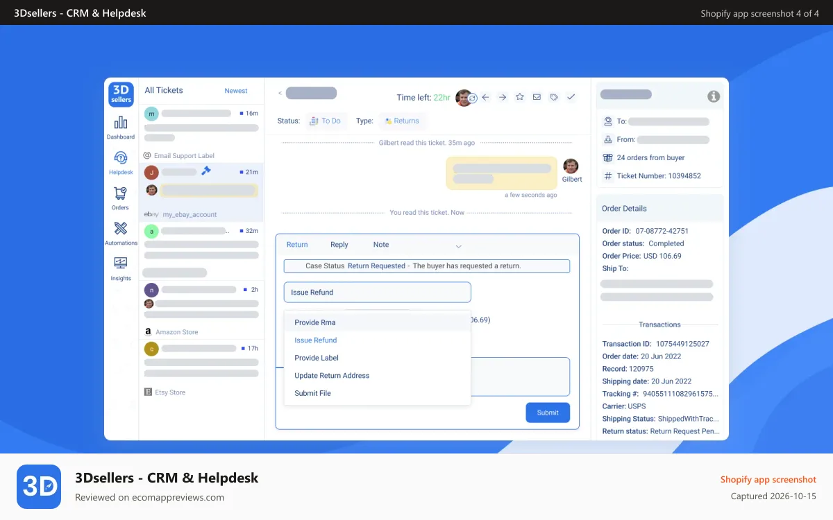 3Dsellers ‑ CRM & Helpdesk Shopify app screenshot: Order Management