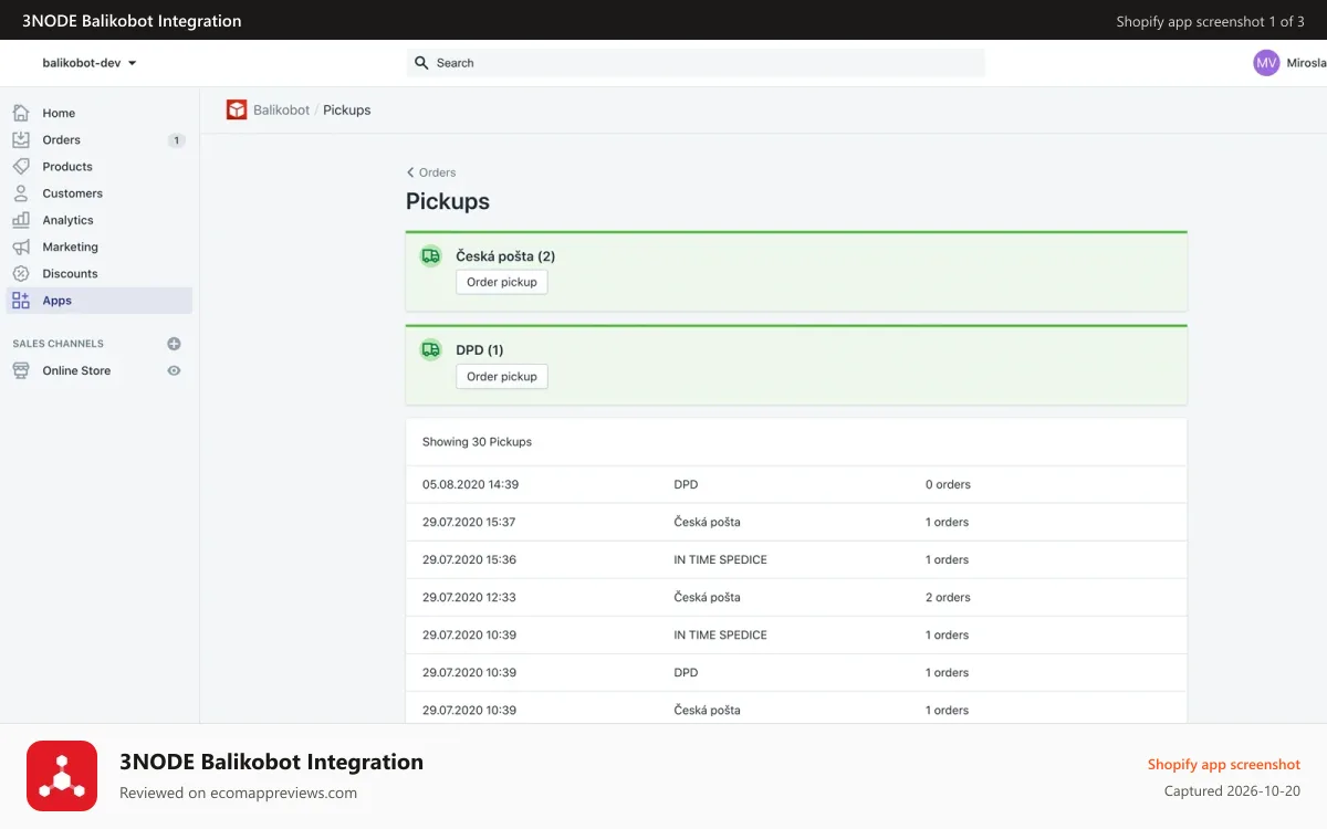 3NODE Balikobot Integration Shopify app screenshot: You can see simple overview of all orders in Balikobot app