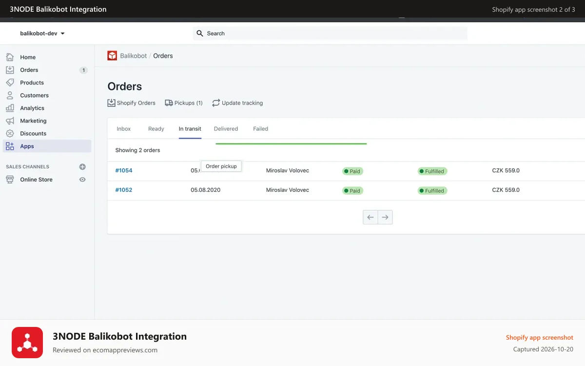 3NODE Balikobot Integration Shopify app screenshot: You can manage pickups straight in Shopify
