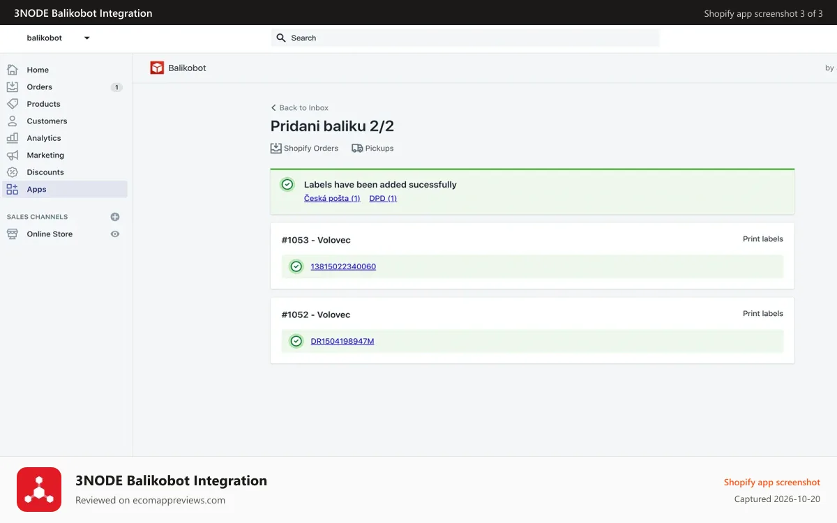 3NODE Balikobot Integration Shopify app screenshot: Batch print of all shipping labels is one of the best functions