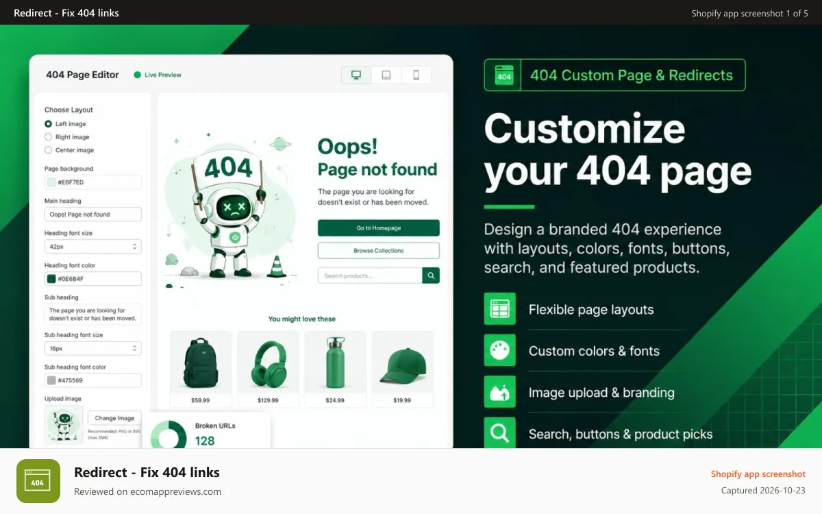 Redirect ‑ Fix 404 links Shopify app screenshot: 404