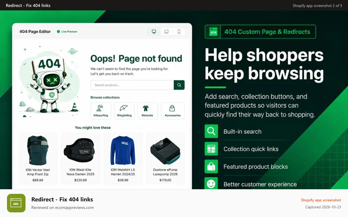 Redirect ‑ Fix 404 links Shopify app screenshot: Zooomy 404 custom page