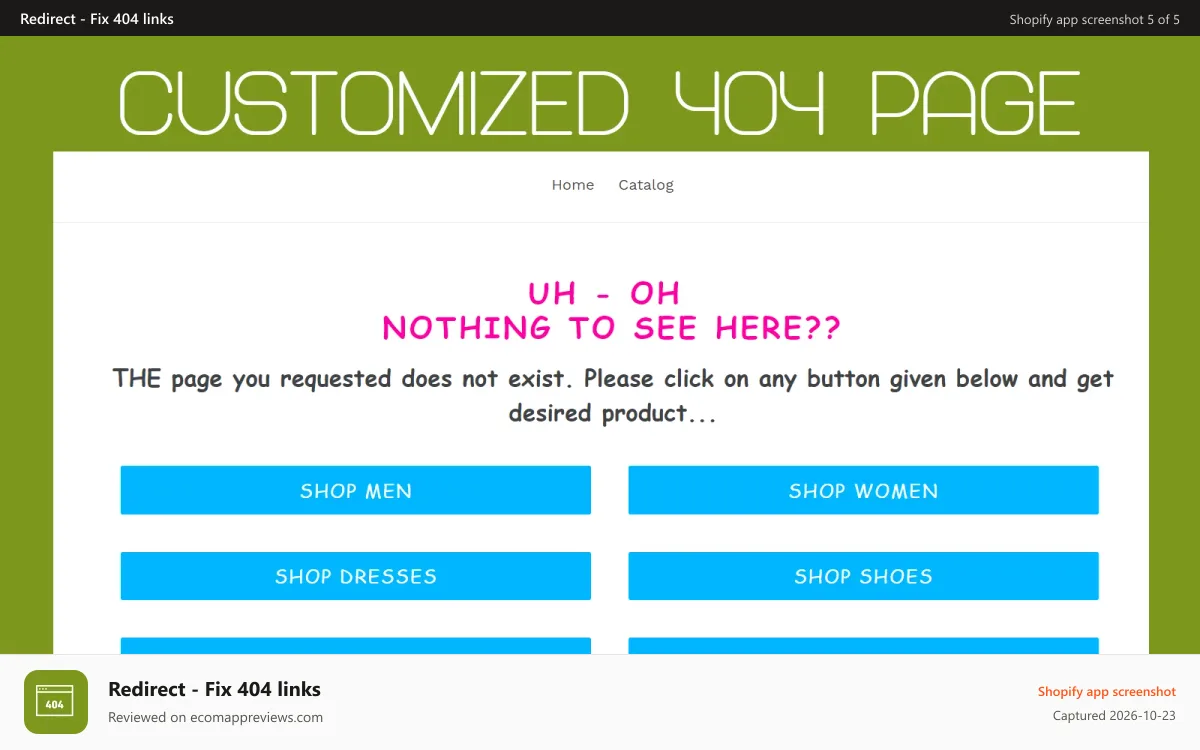 Redirect ‑ Fix 404 links Shopify app screenshot: Zooomy 404 custom page