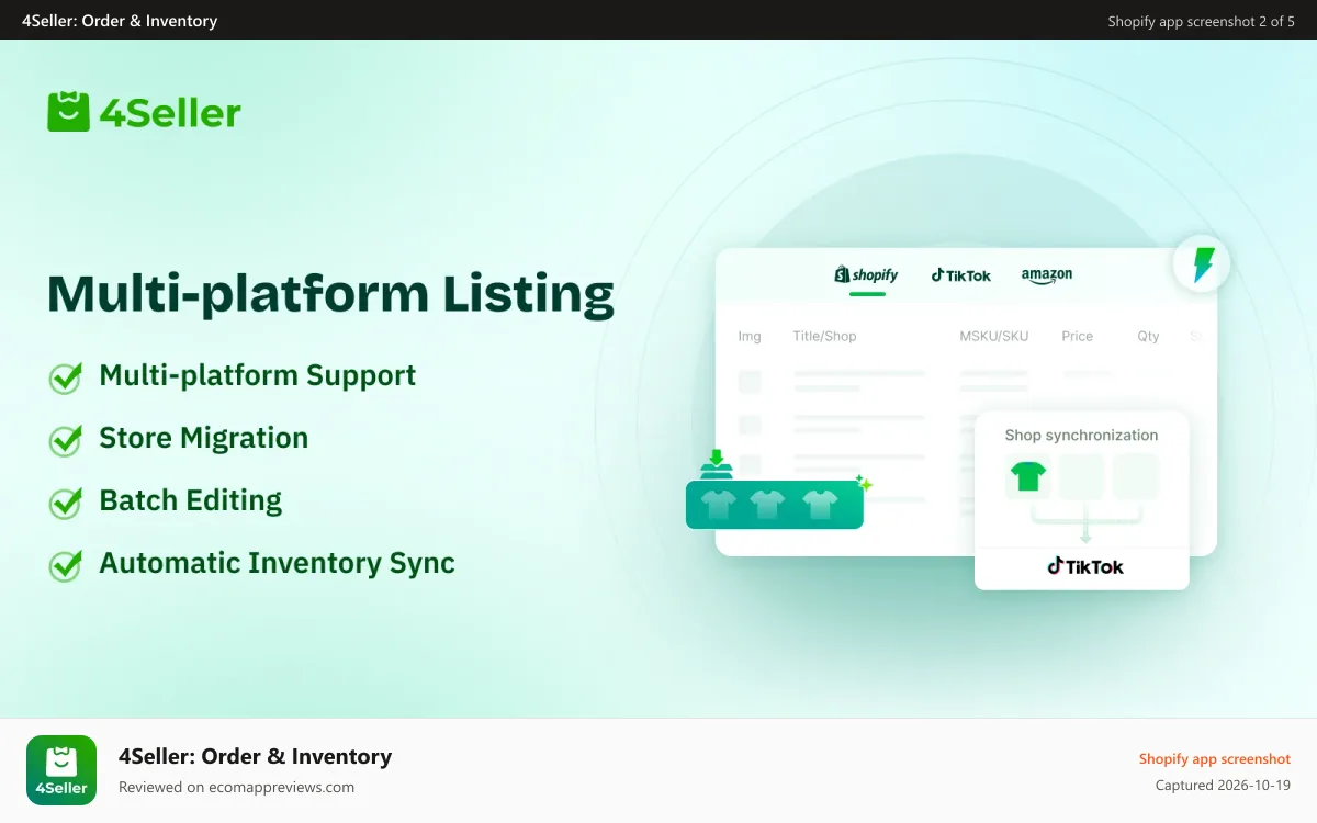 4Seller: Order & Inventory Shopify app screenshot: Multi-platform Listing Store Migration Automatic Inventory Sync