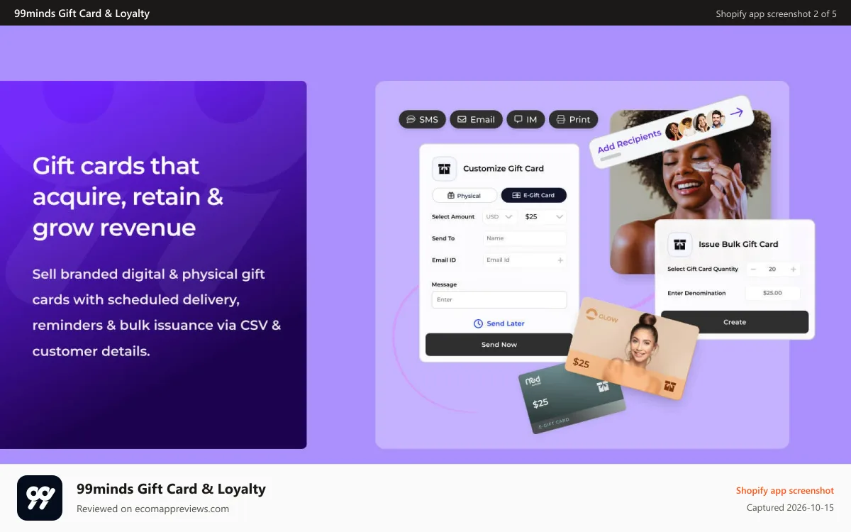 99minds Gift Card & Loyalty Shopify app screenshot: Gift cards that acquire, retain & grow revenue