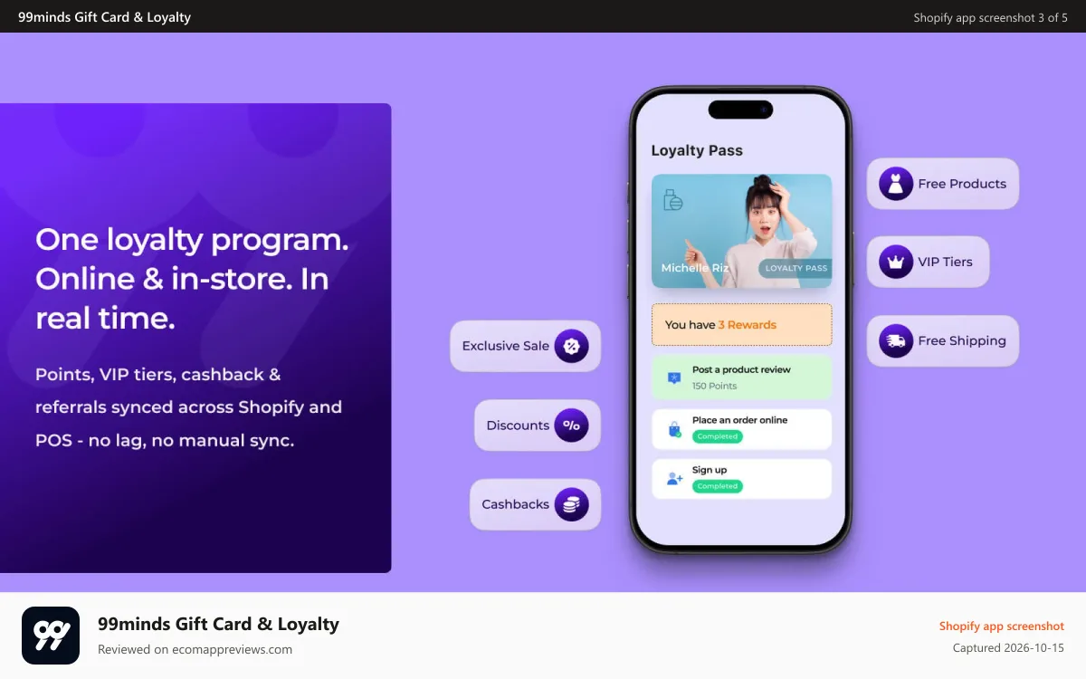 99minds Gift Card & Loyalty Shopify app screenshot: One loyalty program. Online & in-store. In real time.