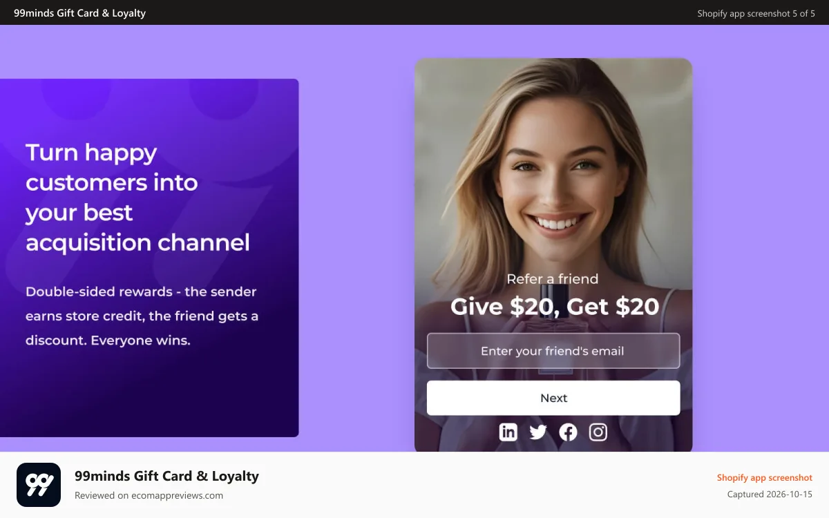 99minds Gift Card & Loyalty Shopify app screenshot: Turn happy customers into your best acquisition channel