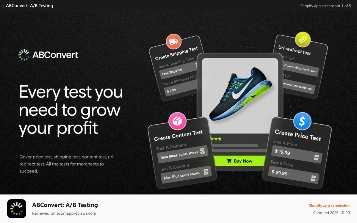 ABConvert: A/B Testing Shopify app screenshot: All your A/B tests in one place. Live in 30 seconds