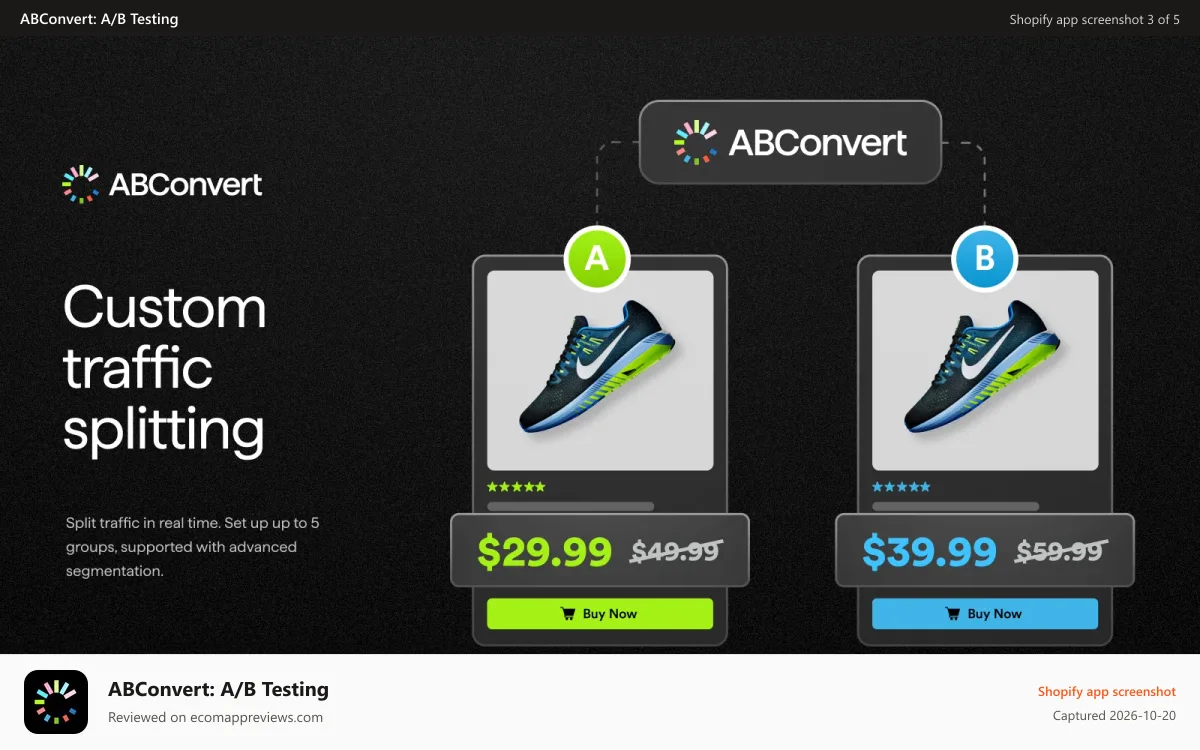 ABConvert: A/B Testing Shopify app screenshot: Test your whole store: price, shipping, theme & checkout