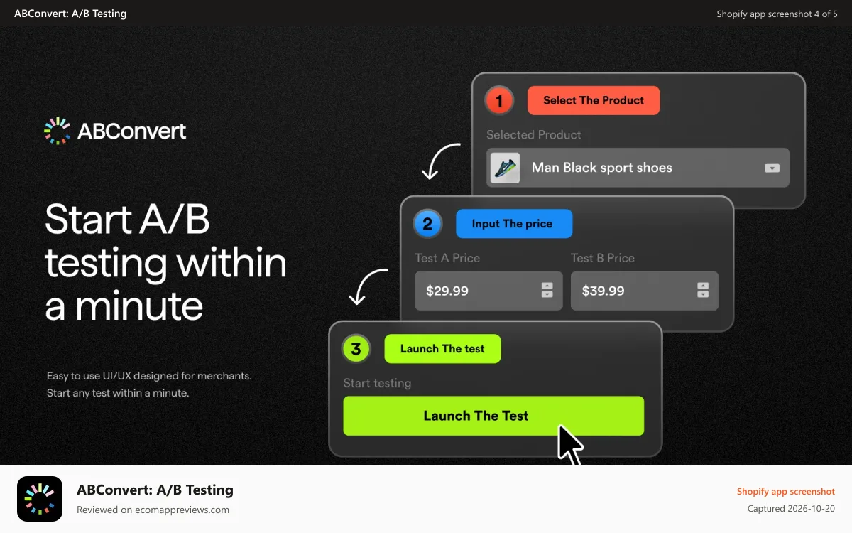 ABConvert: A/B Testing Shopify app screenshot: Set up your first test in 30 seconds. No code