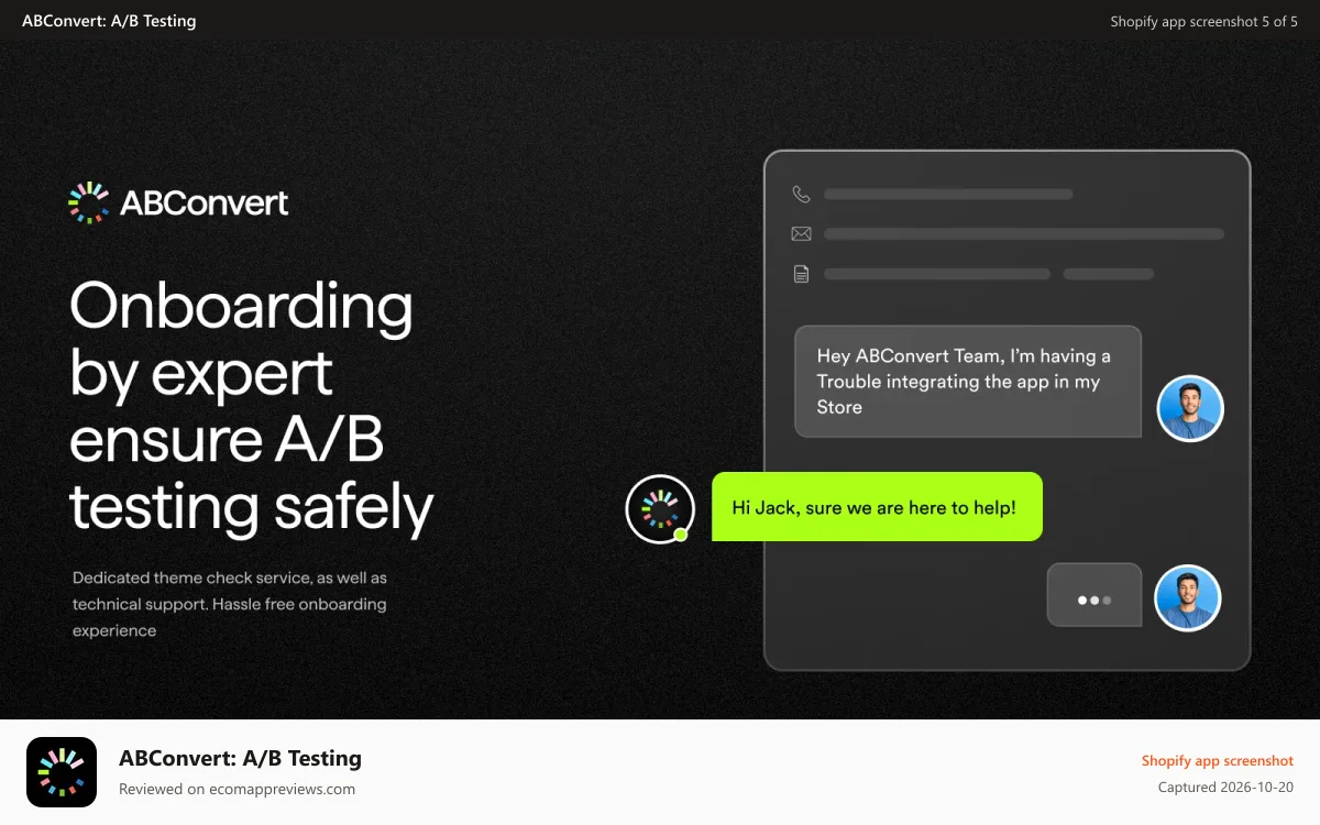 ABConvert: A/B Testing Shopify app screenshot: Expert onboarding so every test is set up right