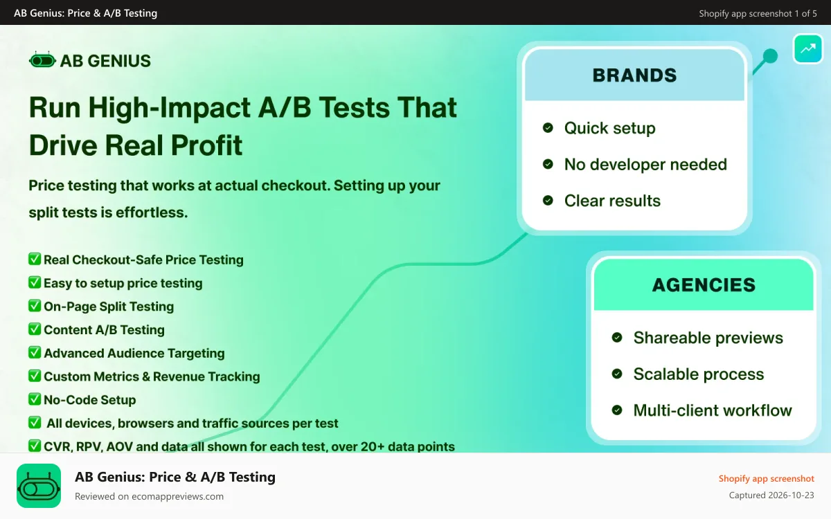 AB Genius: Price & A/B Testing Shopify app screenshot: Run a/b testing and price testing that drive real profit
