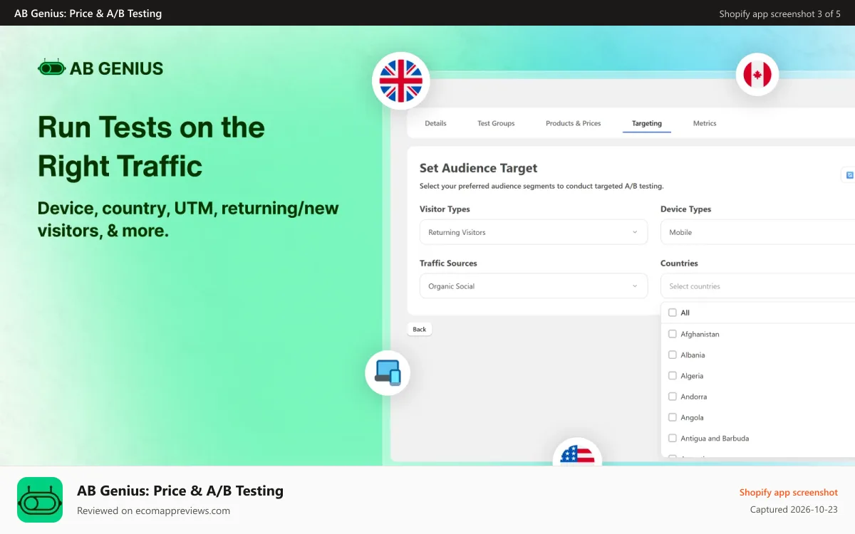 AB Genius: Price & A/B Testing Shopify app screenshot: Running safe tests across the right traffic, and targeting.