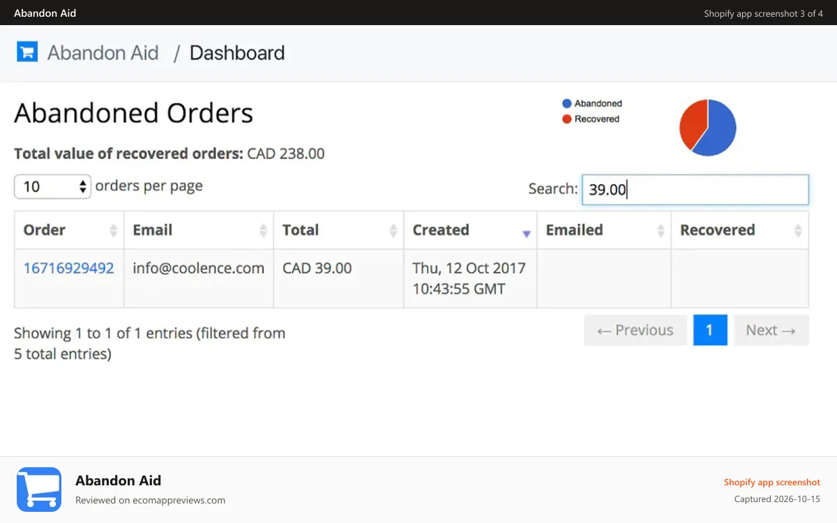Abandon Aid Shopify app screenshot: Abandon Aid - search