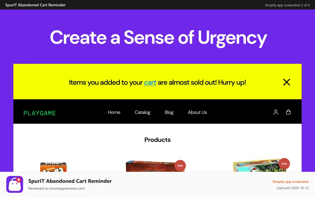 SpurIT Abandoned Cart Reminder Shopify app screenshot: shopify abandoned cart