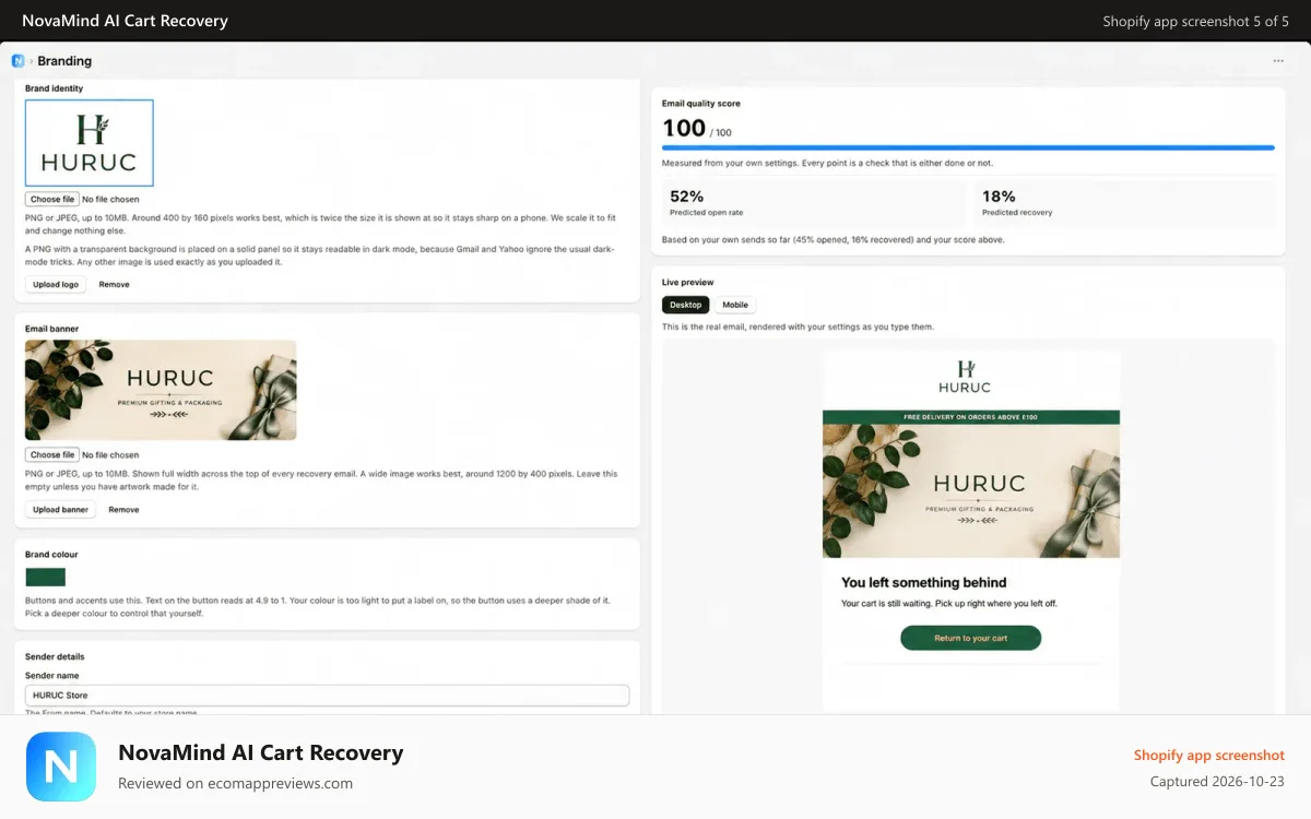 NovaMind AI Cart Recovery Shopify app screenshot: Premium email branding.