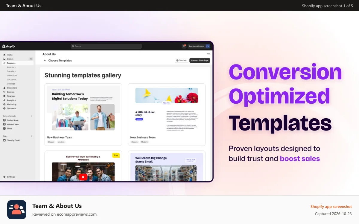 Team & About Us Shopify app screenshot: Templates in Team and About Us Page Builder Shopify app