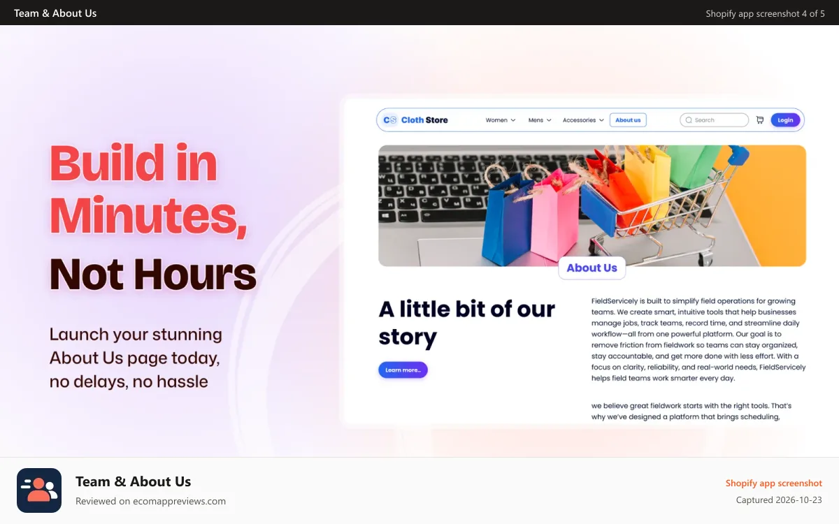 Team & About Us Shopify app screenshot: Sample Team and About Us Page of a Store