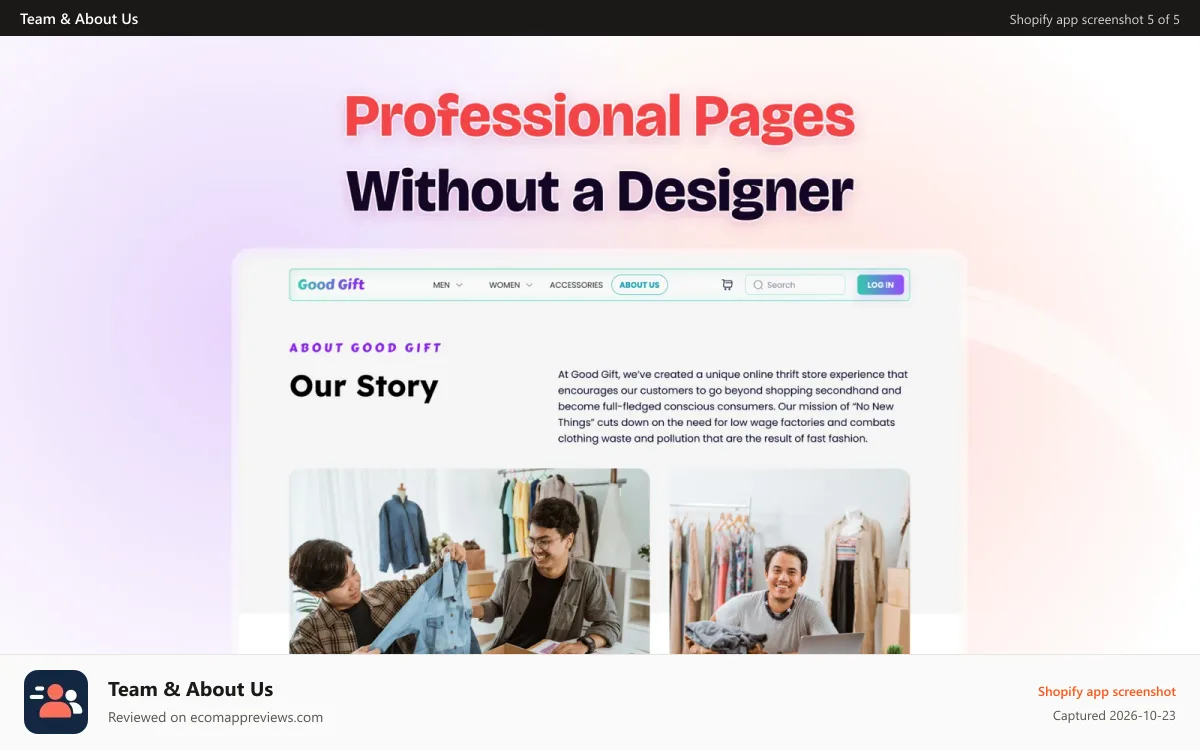 Team & About Us Shopify app screenshot: A demo Our Story page in a store's website