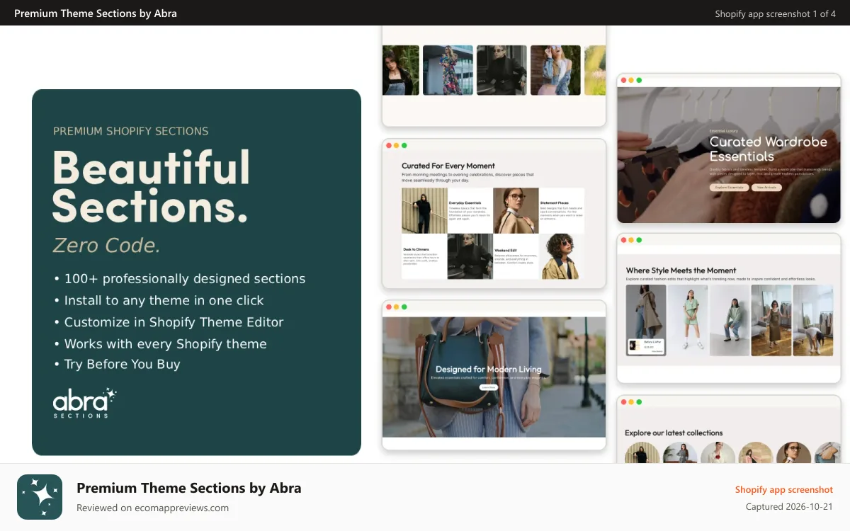 Premium Theme Sections by Abra Shopify app screenshot: 100+ Premium Theme Sections