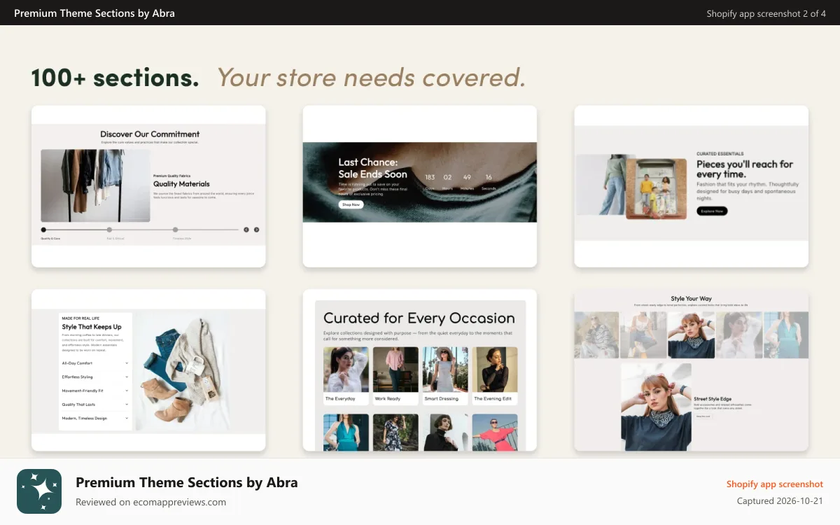 Premium Theme Sections by Abra Shopify app screenshot: 100+ sections and growing