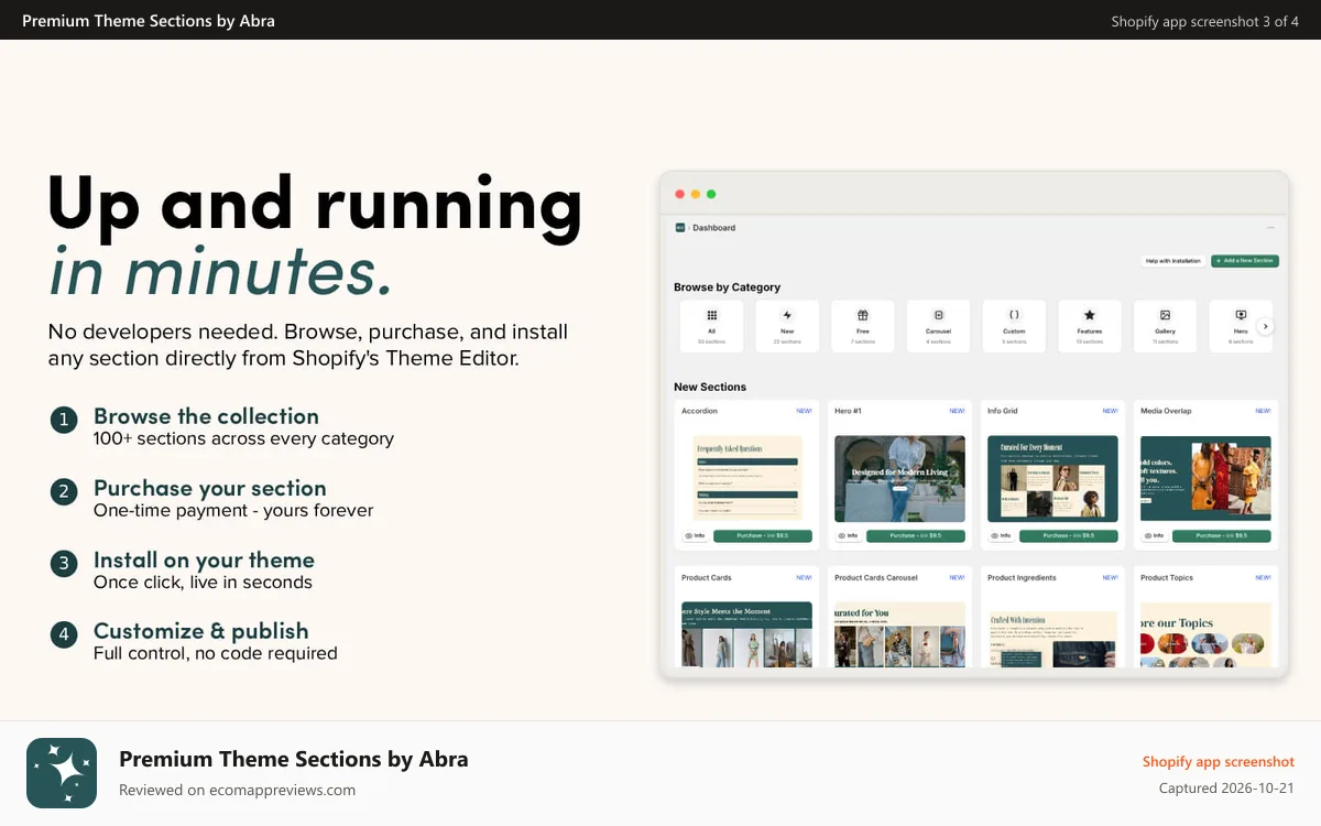 Premium Theme Sections by Abra Shopify app screenshot: Up and running in minutes!