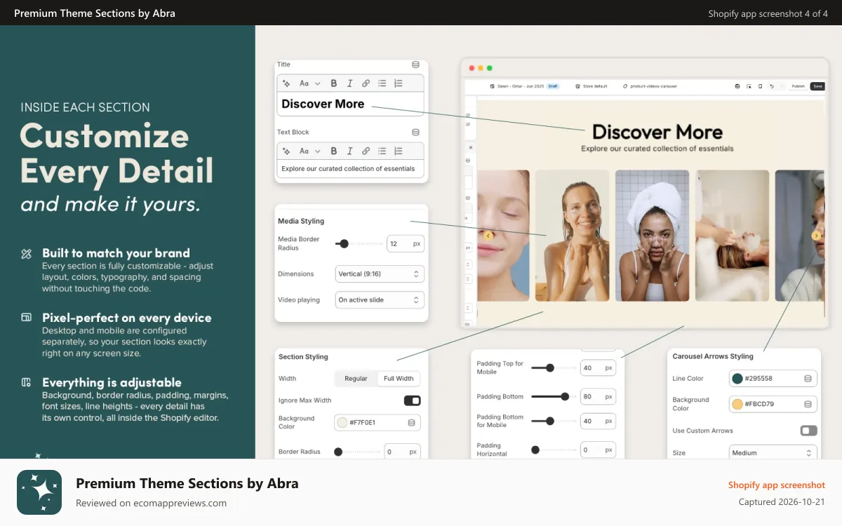Premium Theme Sections by Abra Shopify app screenshot: Customize Every Detail and make it yours.