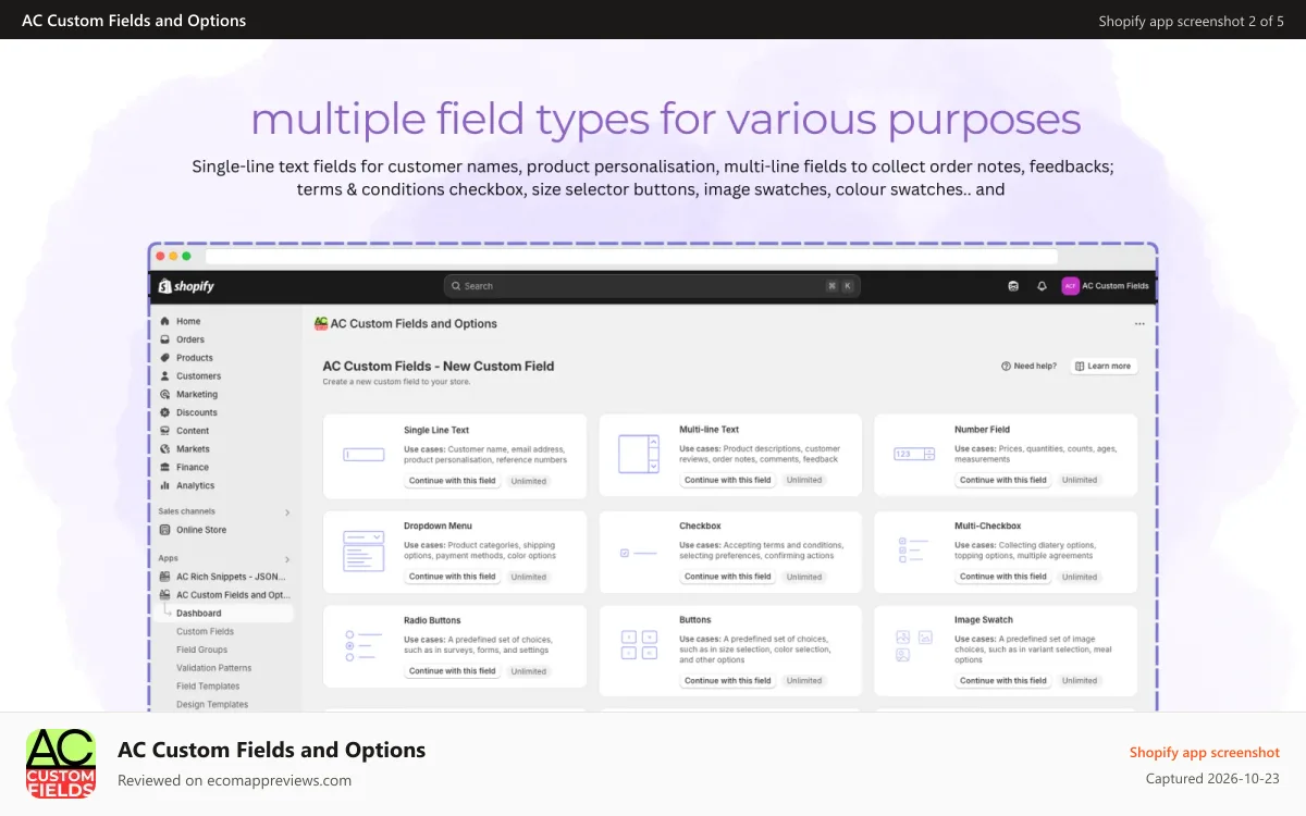 AC Custom Fields and Options Shopify app screenshot: Multiple fields for various purposes.