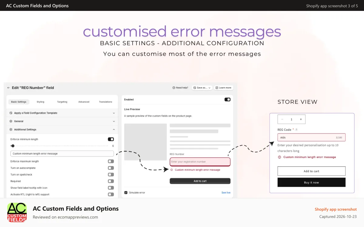 AC Custom Fields and Options Shopify app screenshot: Customisable error messages