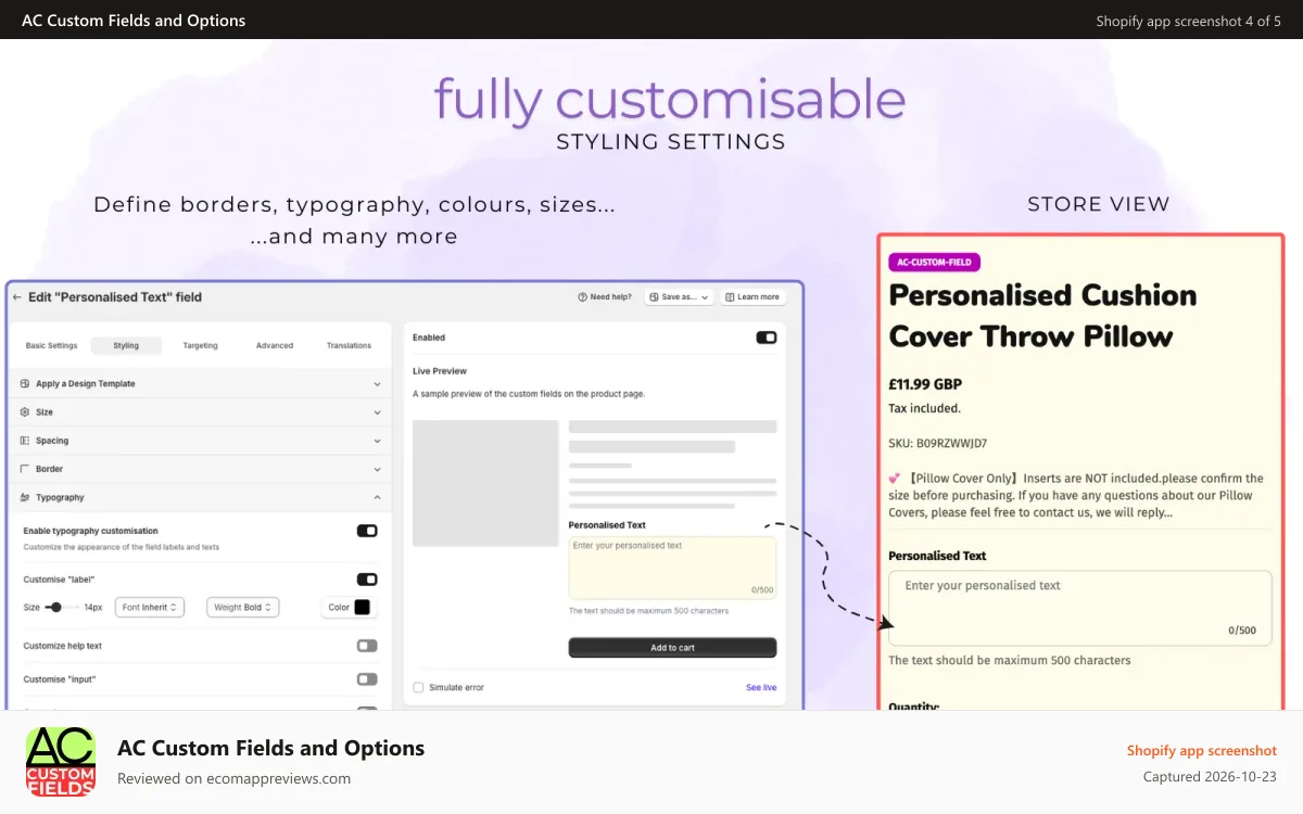 AC Custom Fields and Options Shopify app screenshot: Fully customisable